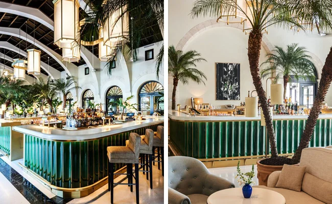 The Surf Club at the Four Seasons Hotel in Miami by Joseph Dirand with its faceted green bar is a showstopper! Lush palms generoulsy fill the space and create a tropical vibe.