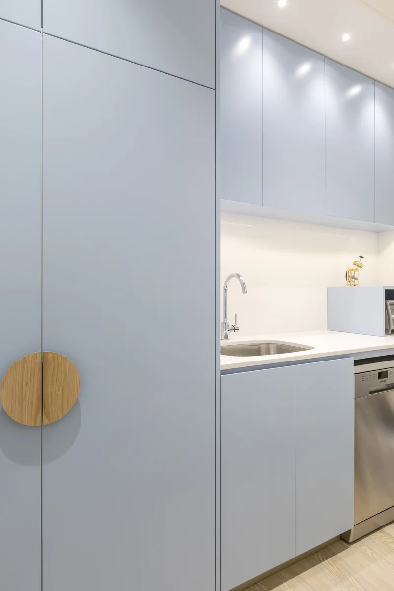We created a tailored workspace featuring a light timber floor throughout combined with a muted colour palette.
