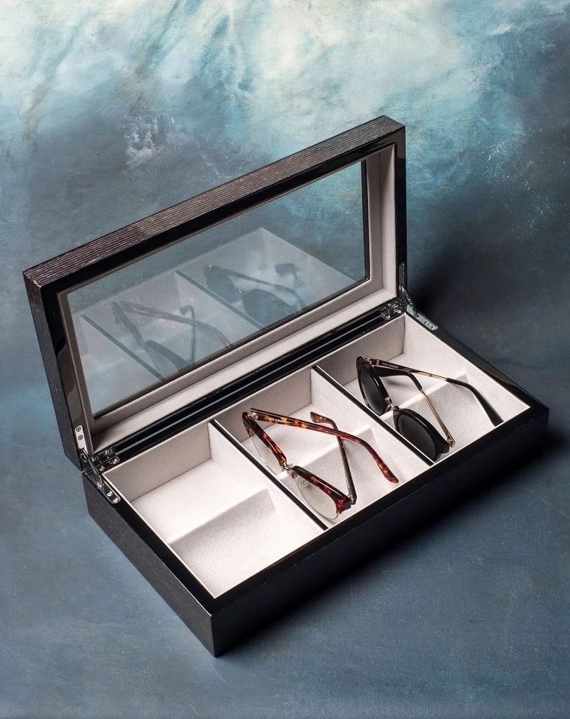 … and to store them in, this beautiful Black Apricot Veneer Sunglasses Box by Becker Minty .