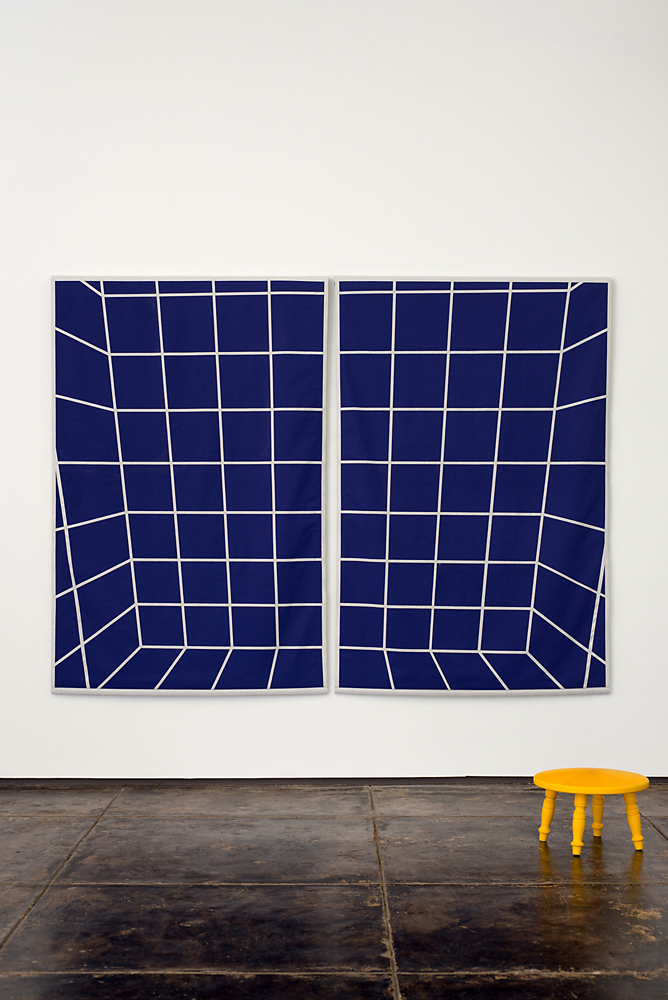   Untitled (Olana) , 2013: Silkscreen wall-hanging on hand-dyed linen, 2 panels 72 x 48" each, + hand-turned maple stool with acrylic enamel surface, 16" diameter x 12".  Photo credit: Logan Beck   