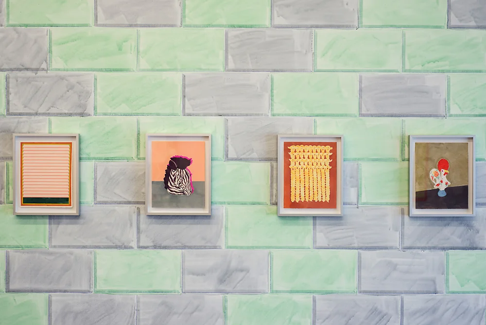   A Wall Around a Window , 2013: Detail with framed watercolors installed on wall painting.  Photo credit: Logan Beck  More information:  https://issuu.com/devinbordengallery/docs/a_wall_around_a_window_9a545ff87b28e2  