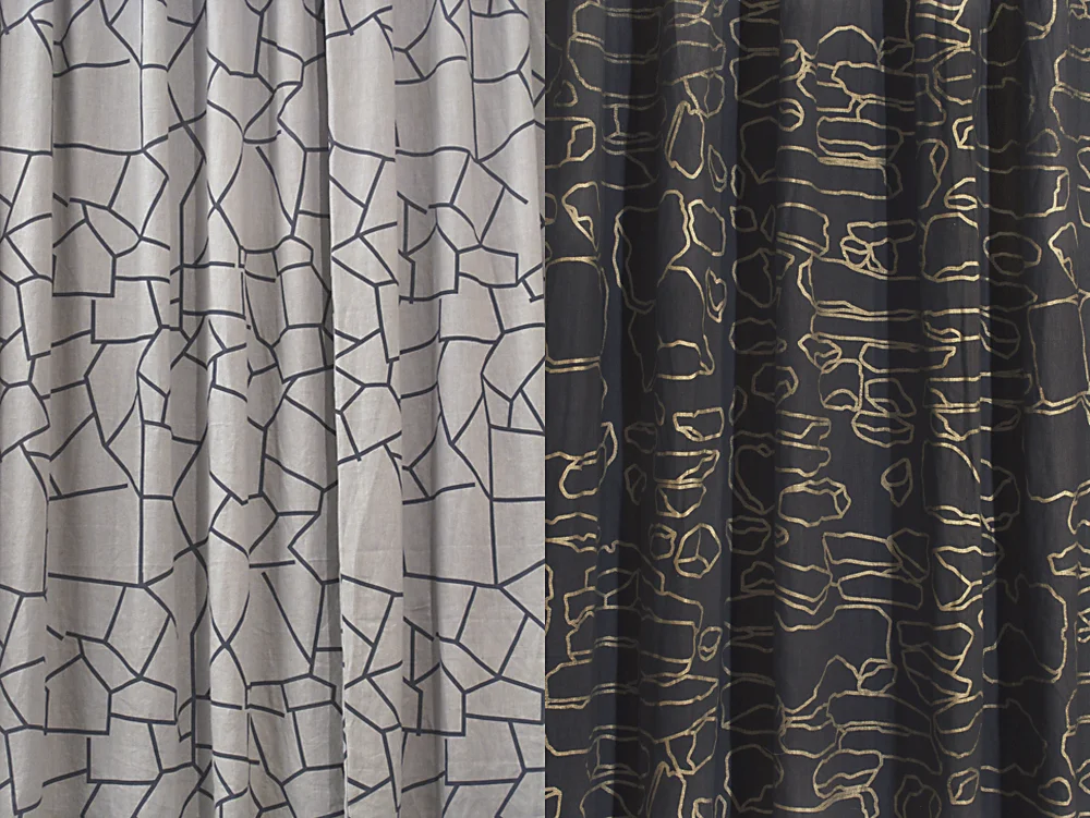   Rockslide Rocksolid , 2010: Sound curtain patterns, screen-printed on hand-dyed linen in collaboration with Gray Area Print, Los Angeles, CA. 