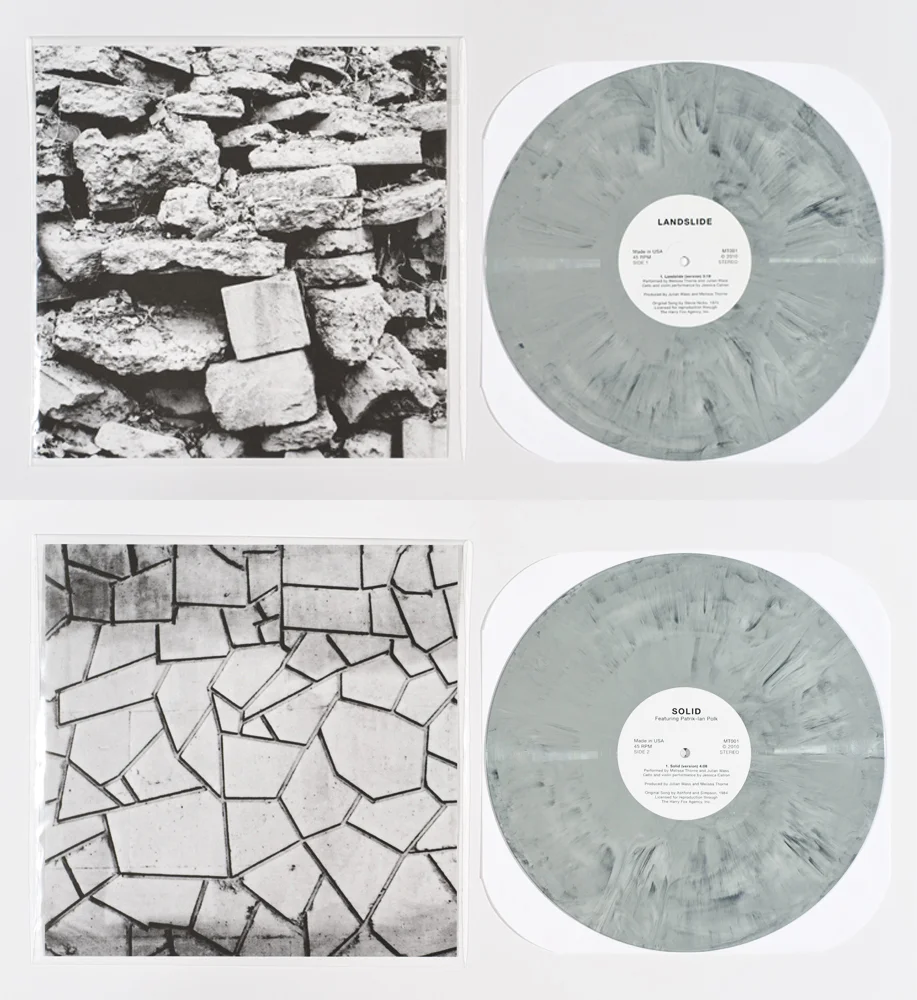   Landslide/Solid , 2010: Original 12”, two-sided vinyl record in edition of 100, featuring song covers by the artist. Custom vinyl color and offset litho sleeves. 