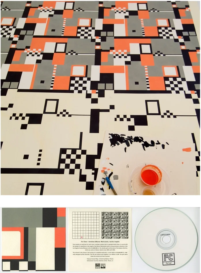  Melissa Thorne with Fol Chen,  Untitled (Wiener Werkstatte textile length) , 2008: Original watercolor and audio, produced as a CD edition of 50.  The 50 x 50” artwork (above) was subsequently cut into 5” square CD sleeve cards, to accompany a sound