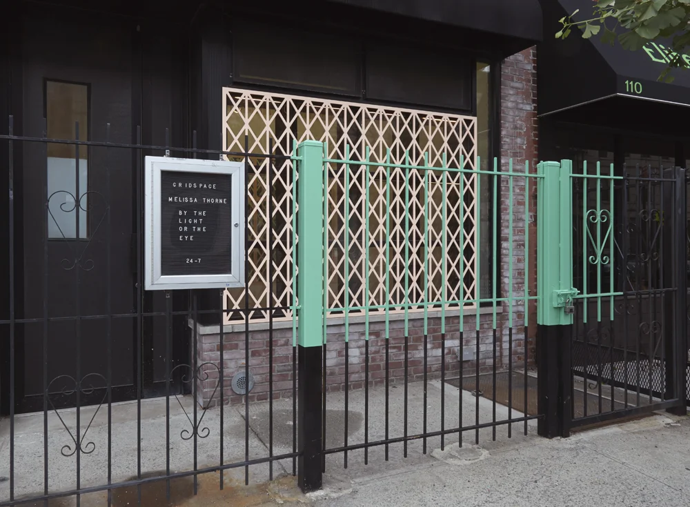   By the Light or the Eye,  2015: Exterior installation view, acrylic enamel and milled sintra on existing storefront.  Site-specific painting installation made for GRIDSPACE, an artist-run storefront in Brooklyn, New York.  Photo credit: Alan Wiener