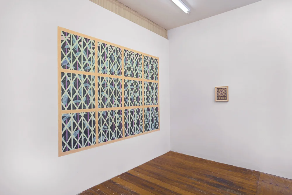   By the Light or the Eye , 2015: Interior installation view, ink and watercolor on existing wall (left), framed letterpress print (right). GRIDSPACE, Brooklyn, NY.  Photo credit: Alan Wiener  More information:  https://gridspace.org/archive/melissa-