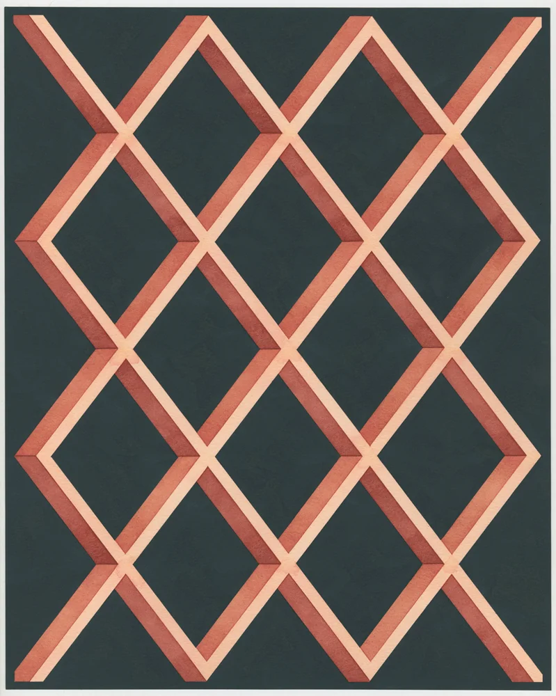   Untitled WC1 , 2016: Watercolor and gouache on paper, 15 x 12".  Excerpt from an ongoing series of works on paper exploring architectural patterns accumulated during an extended research trip to Rio de Janeiro, Brazil. The patterns are taken from s
