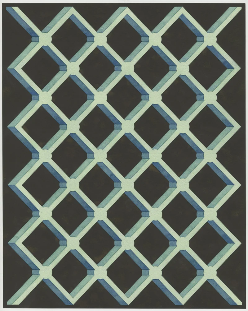   Untitled WC2 , 2016: Watercolor and gouache on paper, 15 x 12".  Excerpt from an ongoing series of works on paper exploring architectural patterns accumulated during an extended research trip to Rio de Janeiro, Brazil. The patterns are taken from s