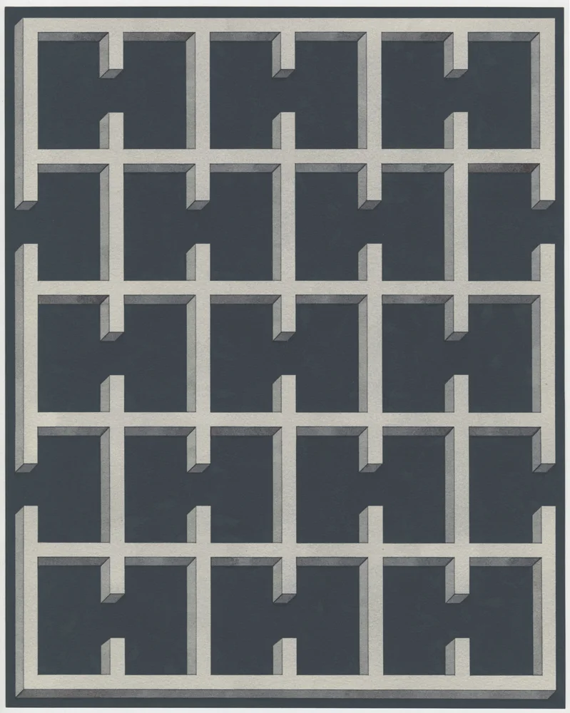   Untitled WC3 , 2016: Watercolor and gouache on paper, 15 x 12".  Excerpt from an ongoing series of works on paper exploring architectural patterns accumulated during an extended research trip to Rio de Janeiro, Brazil. The patterns are taken from s