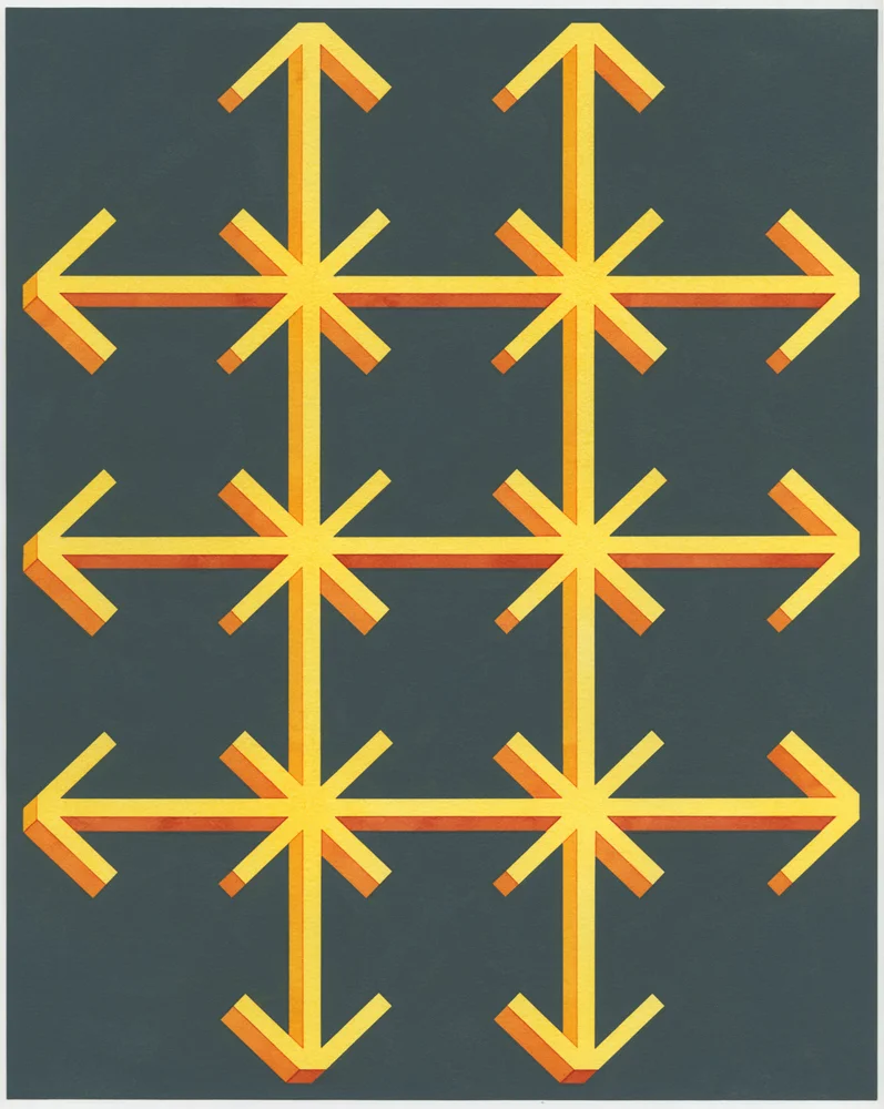   Untitled WC4,  2016: Watercolor and gouache on paper, 15 x 12".  Excerpt from an ongoing series of works on paper exploring architectural patterns accumulated during an extended research trip to Rio de Janeiro, Brazil. The patterns are taken from s