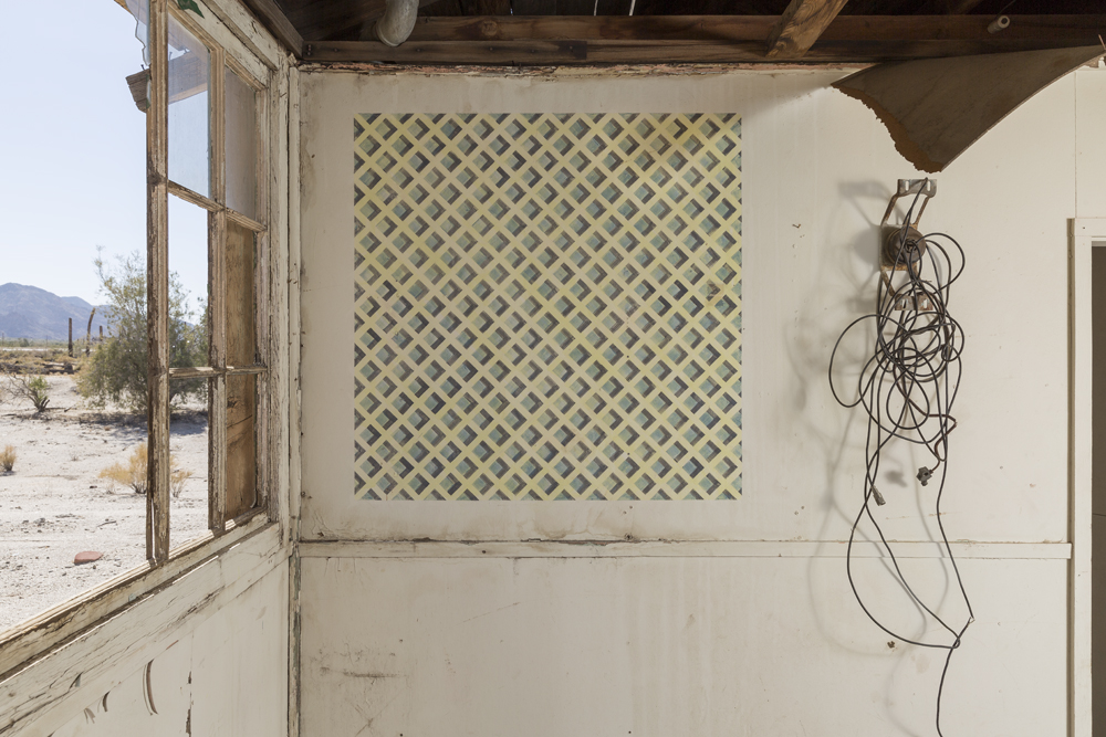   Desert Center 1 , 2016: Ink and graphite on existing wall, 38 x 38".  Site-specific painting, one of a series of four created in abandoned cabins in Desert Center, CA, during a 2016 residency with Epicenter Projects.  Photo credit: Lance Gerber  Ph