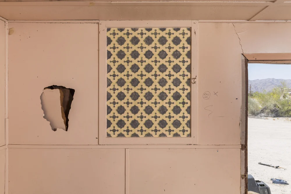   Desert Center 3 , 2016: Ink and graphite on existing wall, 38 x 30".  Site-specific painting, one of a series of four created in abandoned cabins in Desert Center, CA, during a 2016 residency with Epicenter Projects.  Photo credit: Lance Gerber  Ph