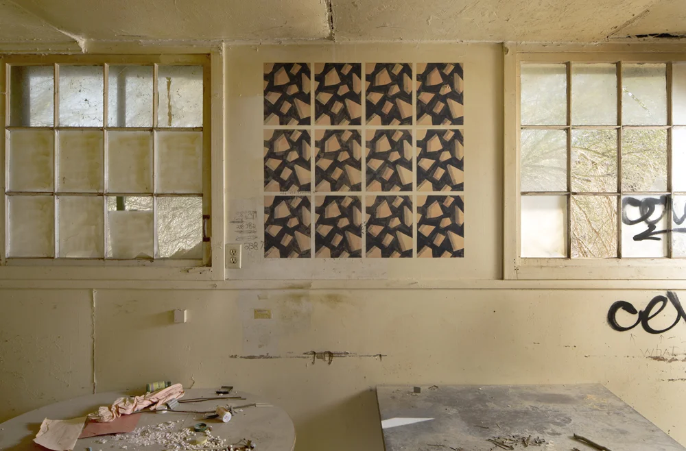   Desert Center 4 , 2016: Ink and graphite on existing wall, 38 x 38".  Site-specific painting, one of a series of four created in abandoned cabins in Desert Center, CA, during a 2016 residency with Epicenter Projects.  Photo credit: Lance Gerber  Ph