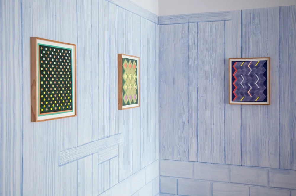   Shadde , 2017: Installation view of exhibition at BUSHEL, Delhi, NY. Site specific ink wall painting on existing walls, framed works on paper installed on wall painting.  Photo credit: Heather Phelps-Lipton  More information:  https://bushelcollect