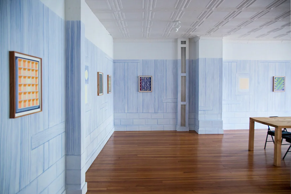  Shadde , 2017: Installation view of exhibition at BUSHEL, Delhi, NY. Site specific ink wall painting on existing walls, framed works on paper installed on wall painting.  Photo credit: Heather Phelps-Lipton  More information:  https://bushelcollect