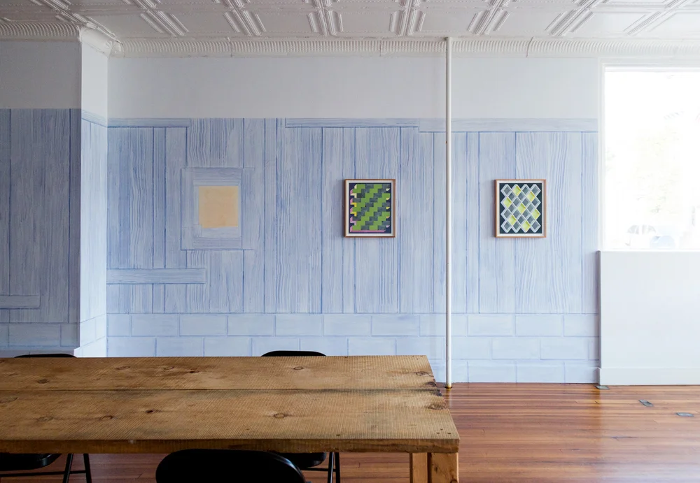   Shadde , 2017: Installation view of exhibition at BUSHEL, Delhi, NY. Site specific ink wall painting on existing walls, framed works on paper installed on wall painting.  Photo credit: Heather Phelps-Lipton  More information:  https://bushelcollect