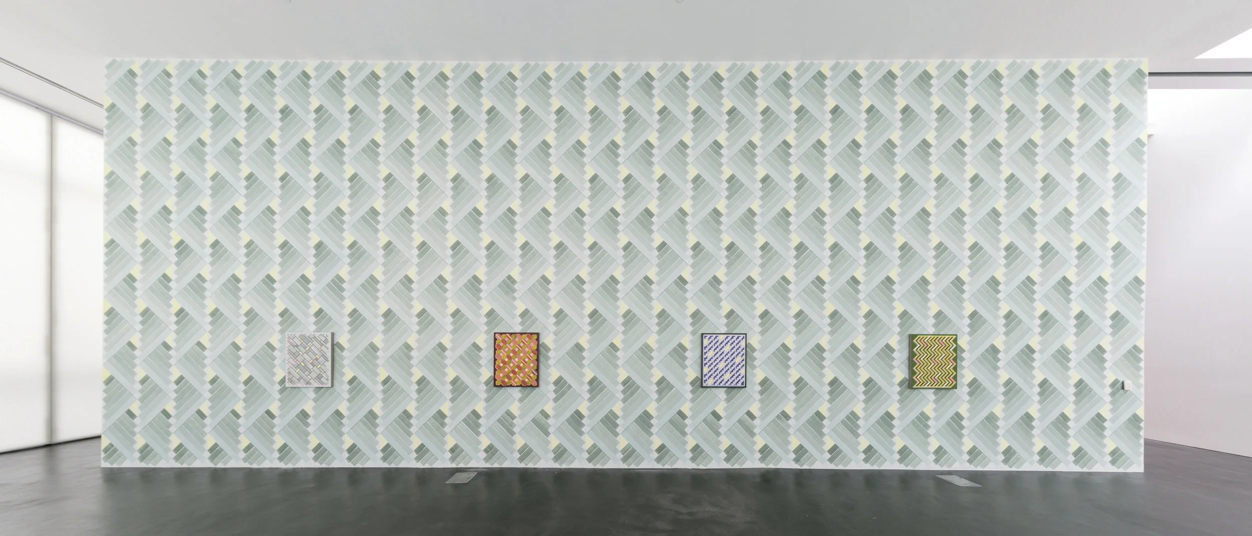   Grove,  2019: Installation view of site-specific wall painting with individual acrylic paintings on linen, 18 x 46 feet.  Painting installation for the exhibition “Aftereffect,” curated by Elissa Auther and Emily Joyce, Museum of Contemporary Art, 