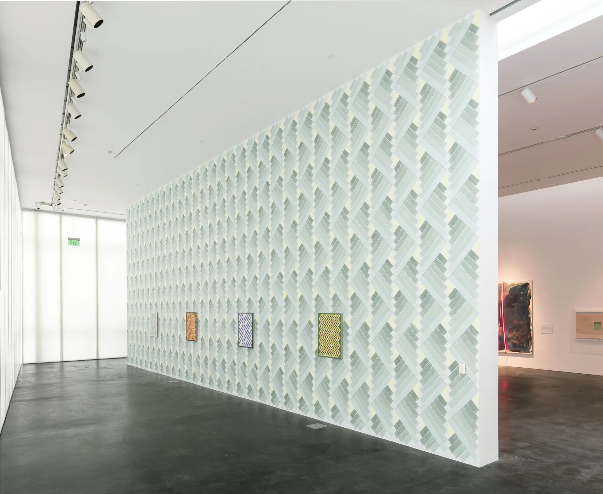   Grove,  2019: Installation view of site-specific wall painting with individual acrylic paintings on linen, 18 x 46 feet.  Painting installation for the exhibition “Aftereffect,” curated by Elissa Auther and Emily Joyce, Museum of Contemporary Art, 