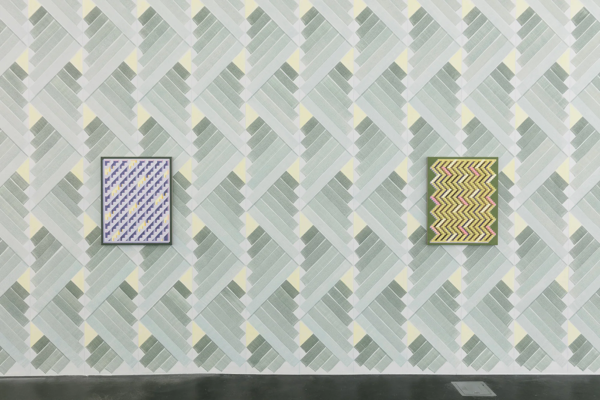   Grove,  2019: Installation view of site-specific wall painting with individual acrylic paintings on linen, 18 x 46 feet, detail.  Painting installation for the exhibition “Aftereffect,” curated by Elissa Auther and Emily Joyce, Museum of Contempora