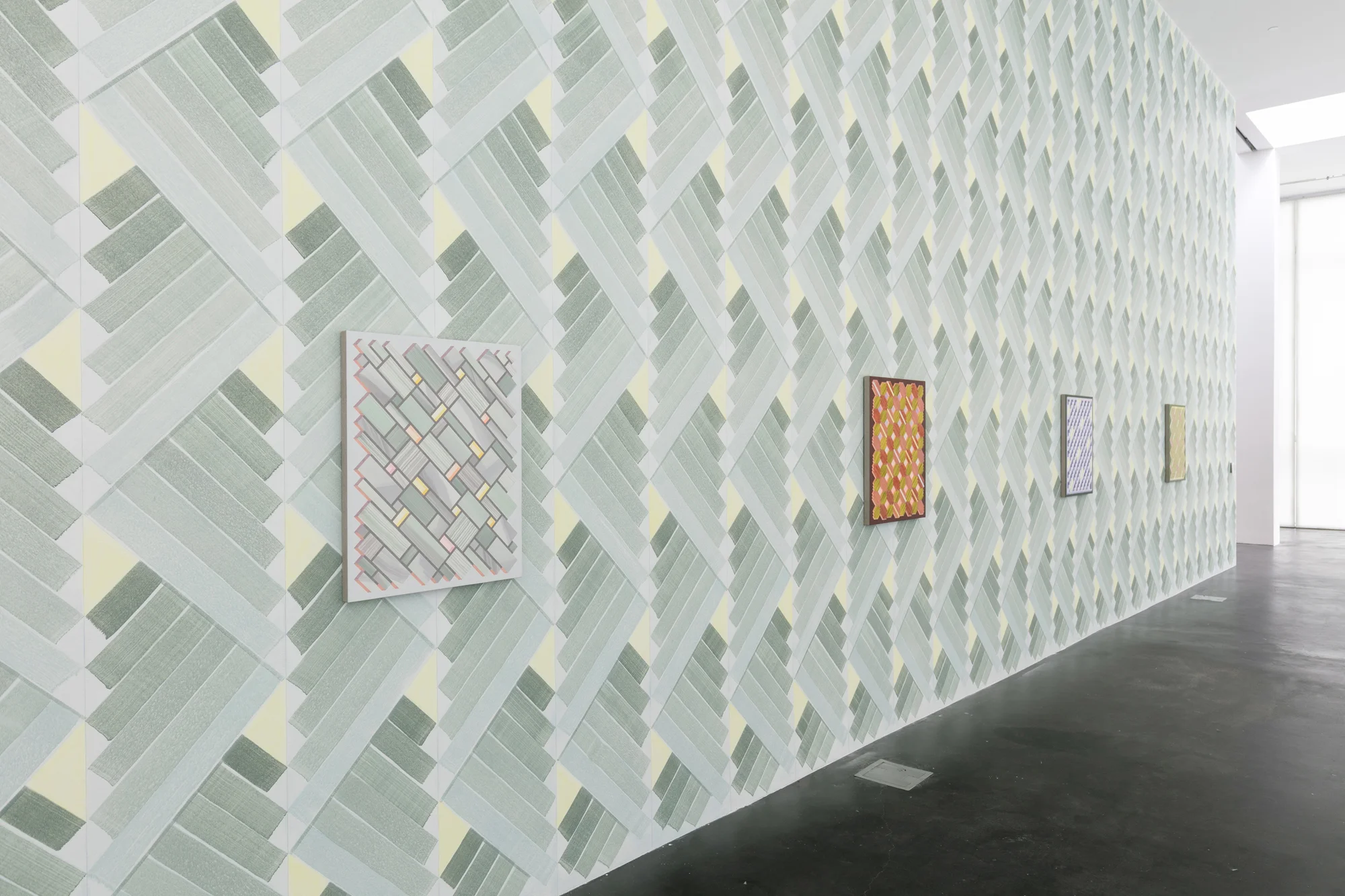   Grove,  2019: Installation view of site-specific wall painting with individual acrylic paintings on linen, 18 x 46 feet.  Painting installation for the exhibition “Aftereffect,” curated by Elissa Auther and Emily Joyce, Museum of Contemporary Art, 