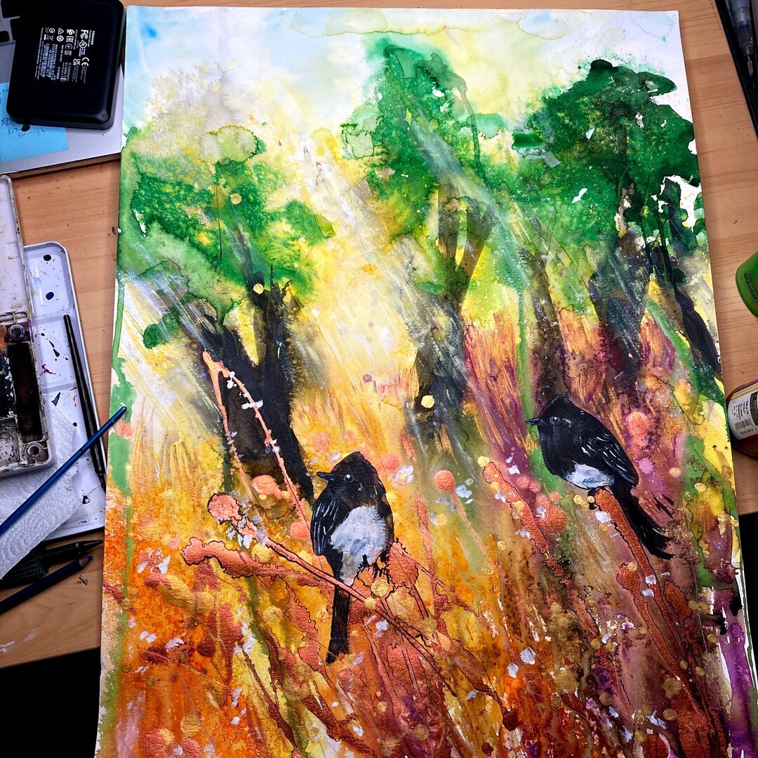 September 7, 2022: Black Phoebes (in progress!)

Earlier in the spring I was trying out some more expressive painting styles. Today I picked up this partly finished painting and started working on it again in between work for upcoming shows. It's so 