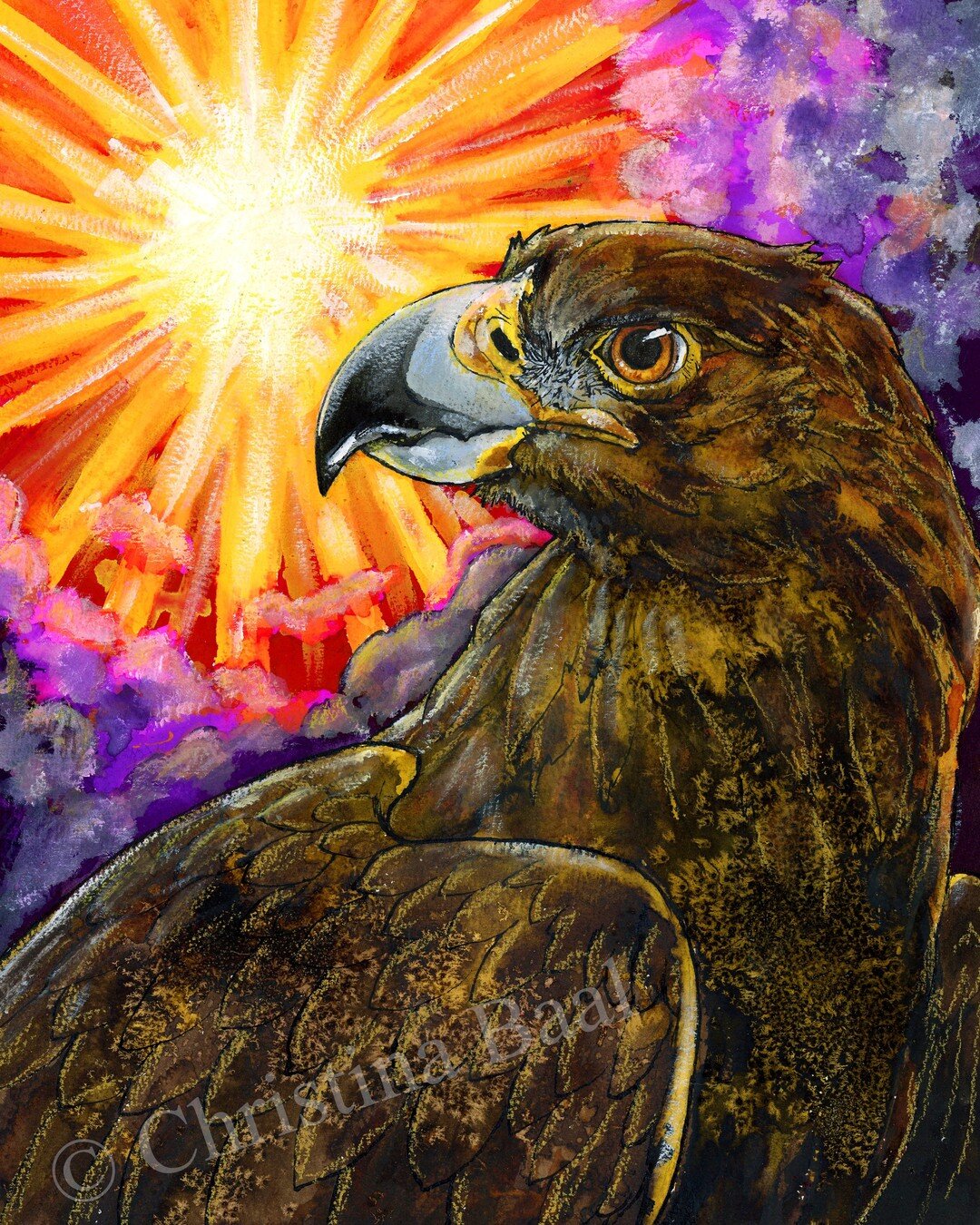 Septmember 12, 2022: Golden Eagle

Golden Eagles are powerful, majestic birds that are symbols of royalty and strength the world over. I love seeing them soaring over the central valley of California. I made this painting that I titled &quot;Aquila S