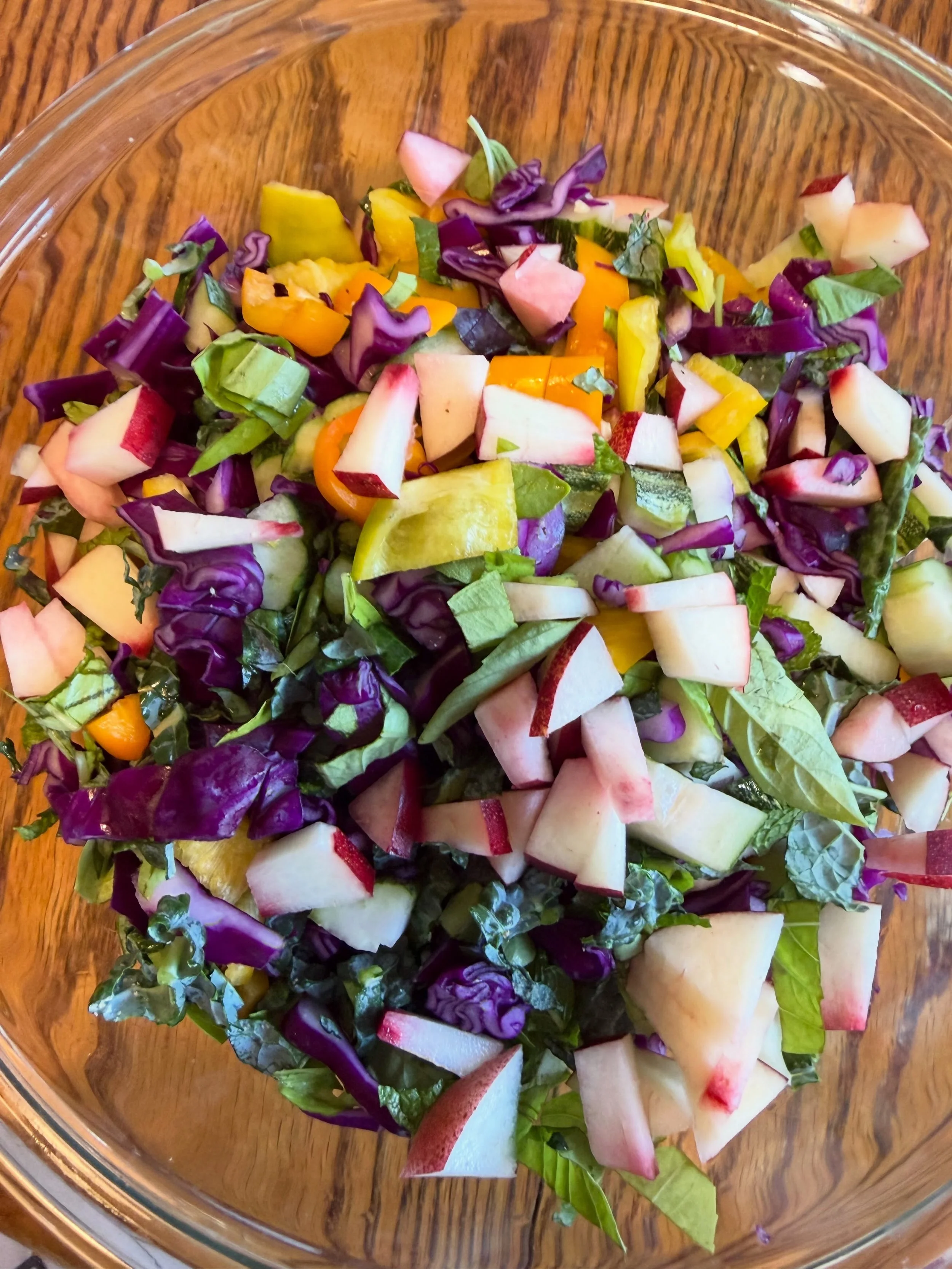 Rainbow salad of love I call it&mdash; Good for mind-body-spirit! You can add any organic seasonal veggies and fruit&mdash; there is a ton of basil and mint in summer and in the winter I use cilantro and oranges&mdash; it&rsquo;s so easy to make and 