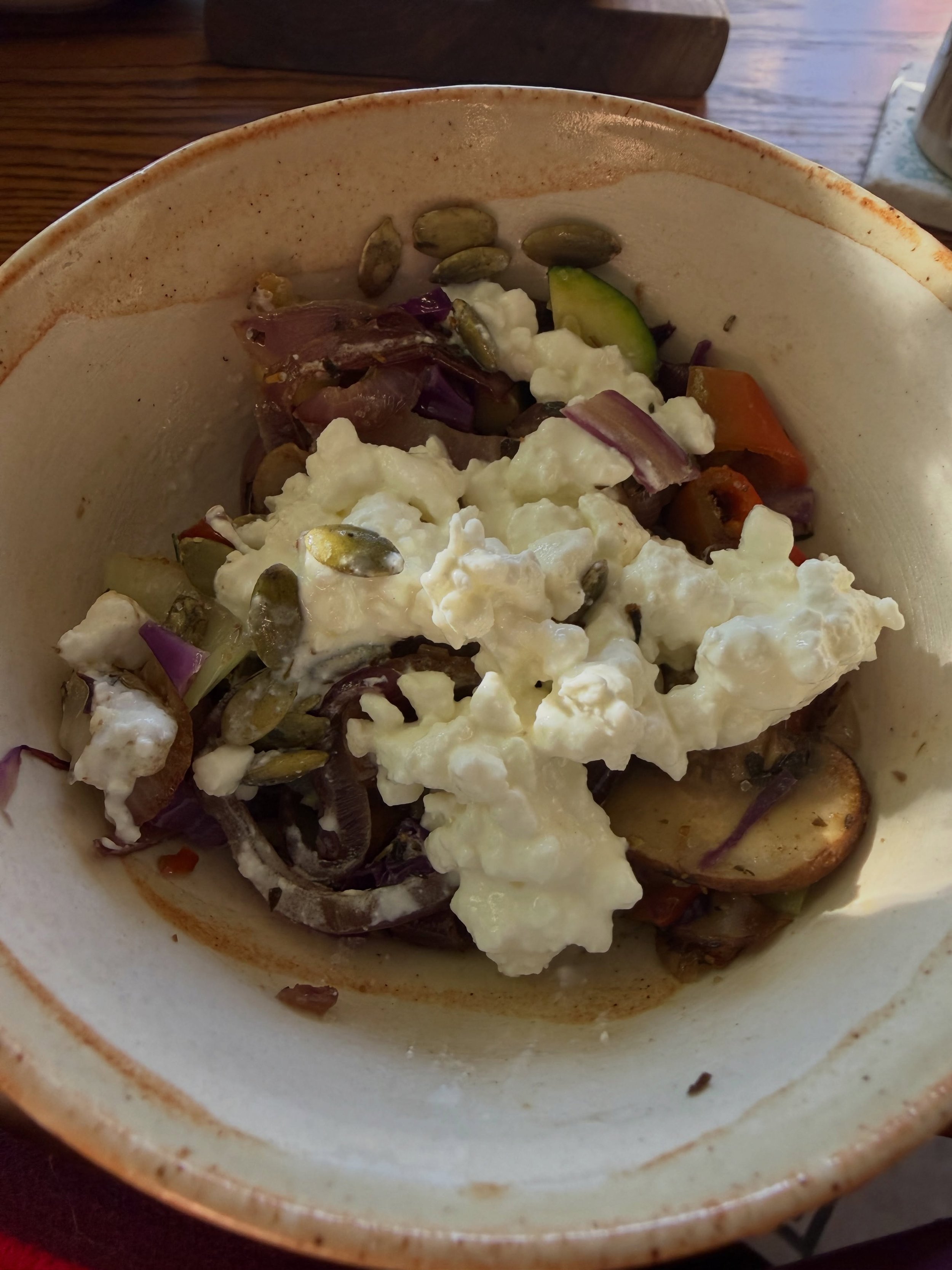 Savory breakfasts are in! A small bowl of saut&eacute;ed veggies and cultured cottage cheese with pumpkin seeds is satisfying, nourishing and delish! It keeps blood sugar balanced and provides protein, fiber and phytonutrients to energize you for the