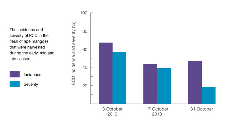The incidence and severity of RCD in the flesh of ripe mangoes that were harvested during the early, mid and late-season