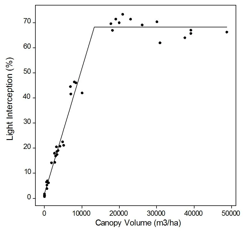 Relationship between light interception and canopy volume per hectare in Kensington pride, showing maximum interception of 68% at 13,300 cubic meters per hectare