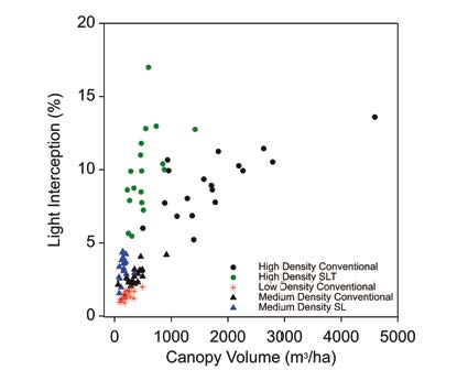 Figure 1. Comparison of the light intercepted by the canopy of two-year-old trees in high, medium and low density plantings and trained as single leaders on trellis (SLT), single leaders (SL) or conventionally in the mango planting systems trial at Walkamin Research Station