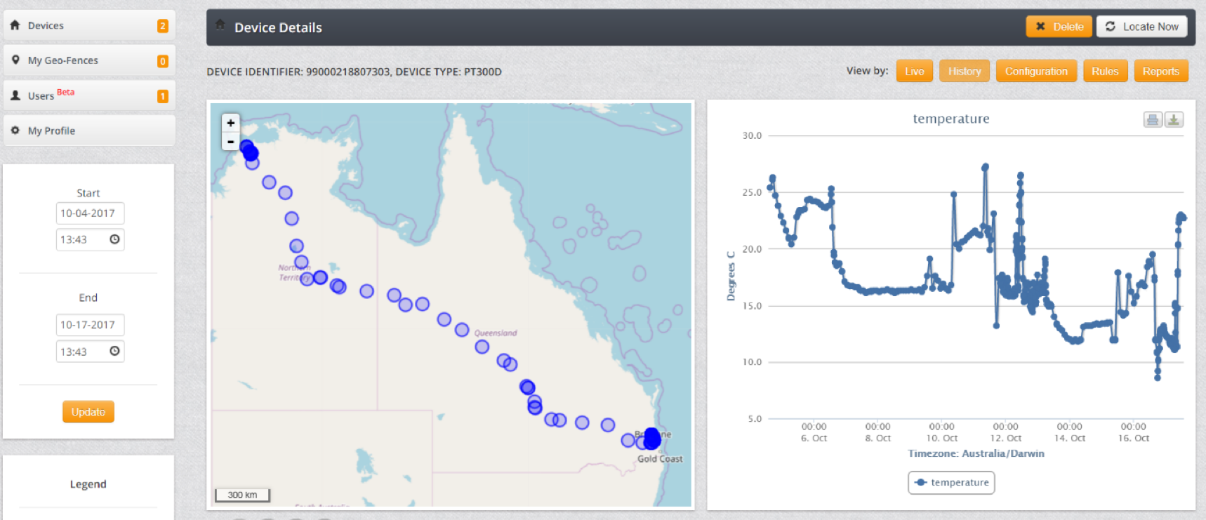 Trial one: Device software displaying tracking of the shipment from Darwin to Brisbane and the temperature of the shipment.