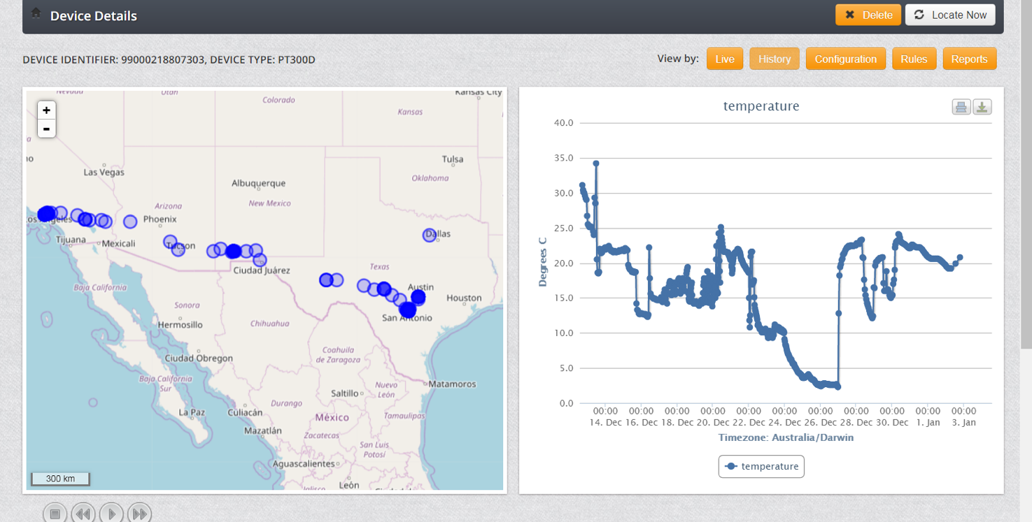Trial three: Device software displaying tracking of the shipment from Los Angeles to the retail distribution centre in San Antonio, TX. The Australian phase of the trip has been removed from this image for clarity.