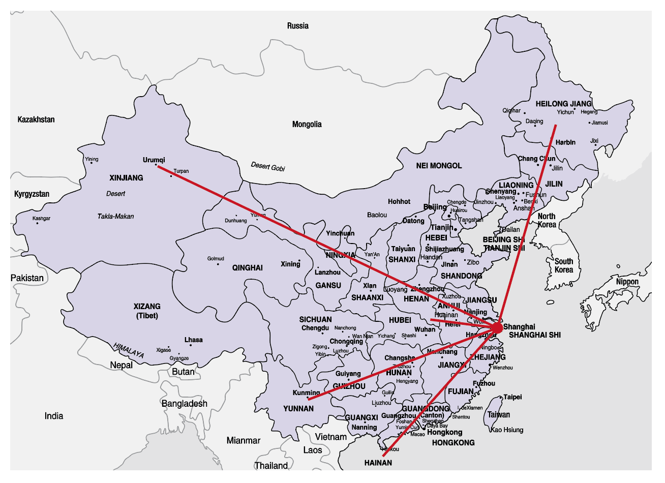 Image 1. The geographic map of five locations in relation to Shanghai.