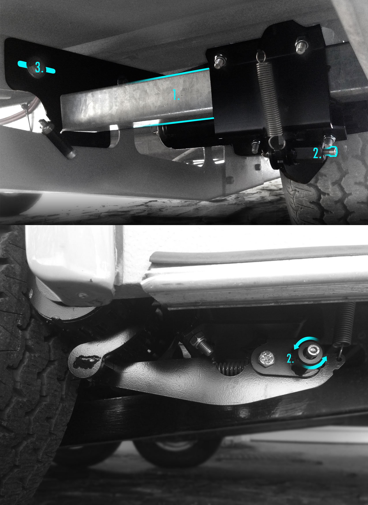 Click to enlarge. Standard unit. 1. Drive beam mounted onto chassis 2. Actuator nut 3.Bracket Adjustments