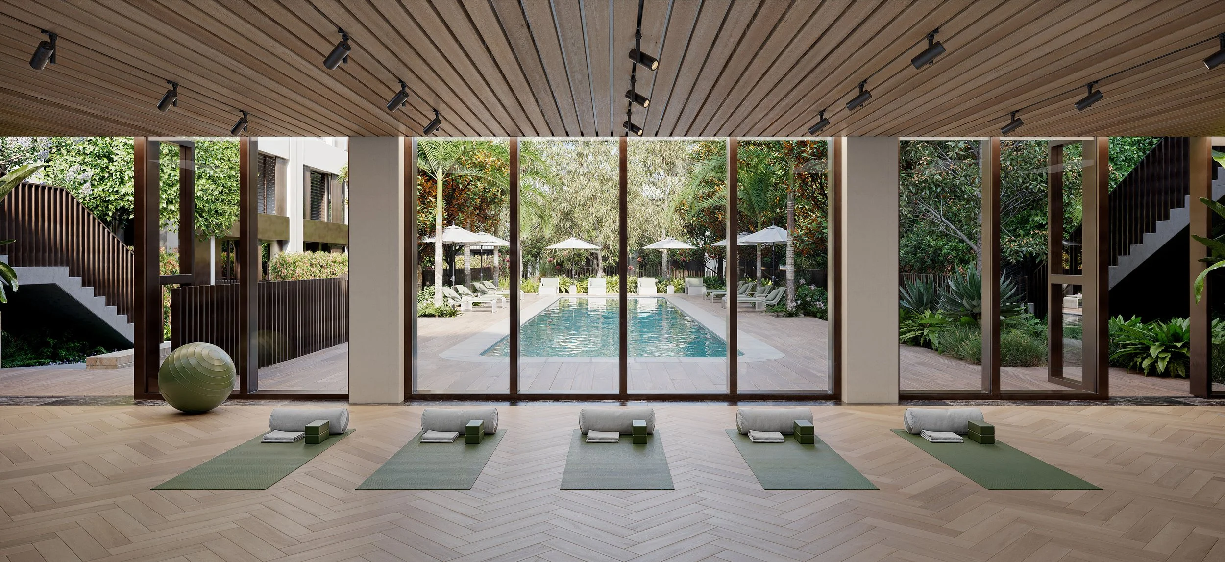 Park Avenue comes with an abundance of amenities, like a gym/yoga room that overlooks the resort-style pool in the center of the complex.