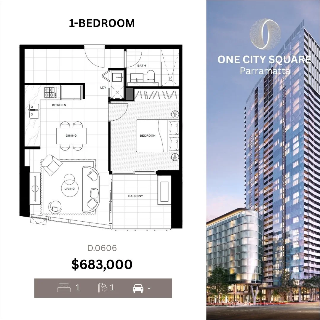 Floor plan of a one-bedroom apartment with labeled rooms including kitchen, dining, living, bedroom, bathroom, laundry, and balcony, along with price and other details, beside a modern high-rise building with reflective glass windows and a city street at dusk.