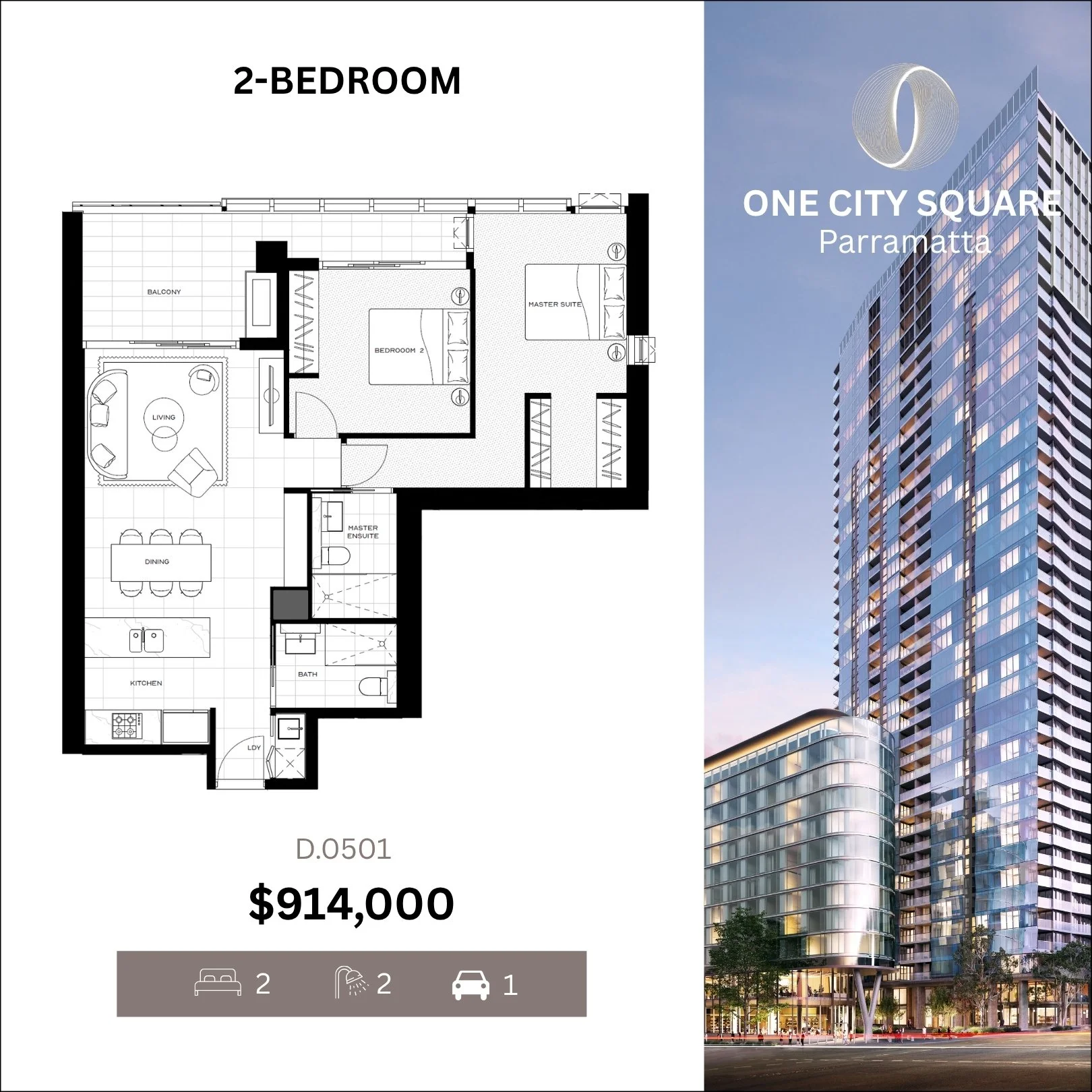 Floor plan of a two-bedroom apartment at One City Square in Parramatta, priced at $908,000. The layout includes a living room, dining area, kitchen, two bedrooms, two bathrooms, balcony, laundry, and parking for one car. The right side of the image features an exterior view of a modern high-rise building.