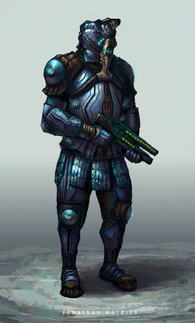 Man inside of a futuristic space suit holds a laser rifle as different parts of his outfit glow a blue neon light. Fan concept of a Vauban styled like the Vandal weapon series (holding a Dera rifle).