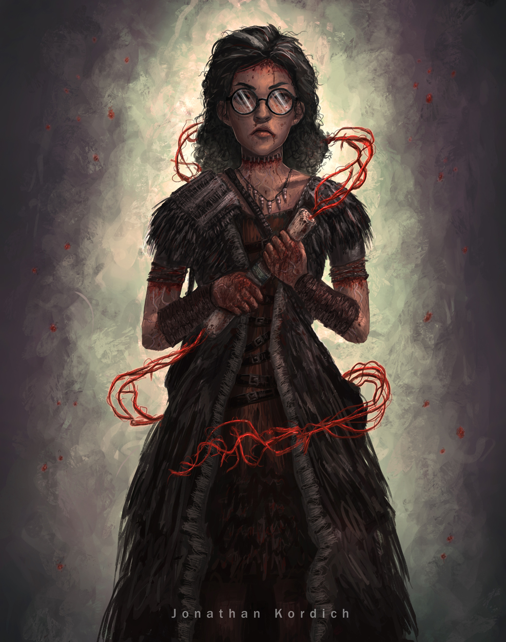 A witch conjures blood magic using a paper scroll that is firmly gripped between both of her hands. Several instances of thorns and other skin-piercing accessories allow her to channel this.