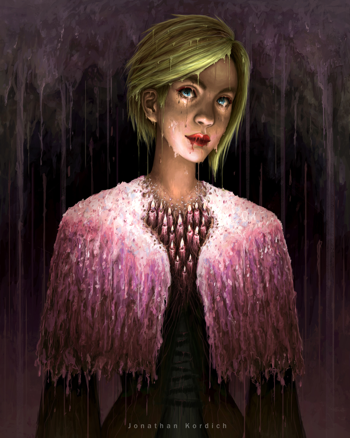 Blonde female with a cape made entirely of melted candle wax stands in the center. Upon further investigation it is noticeable that she herself is also melting: her eyes, lips, and jaw begin to drip.
