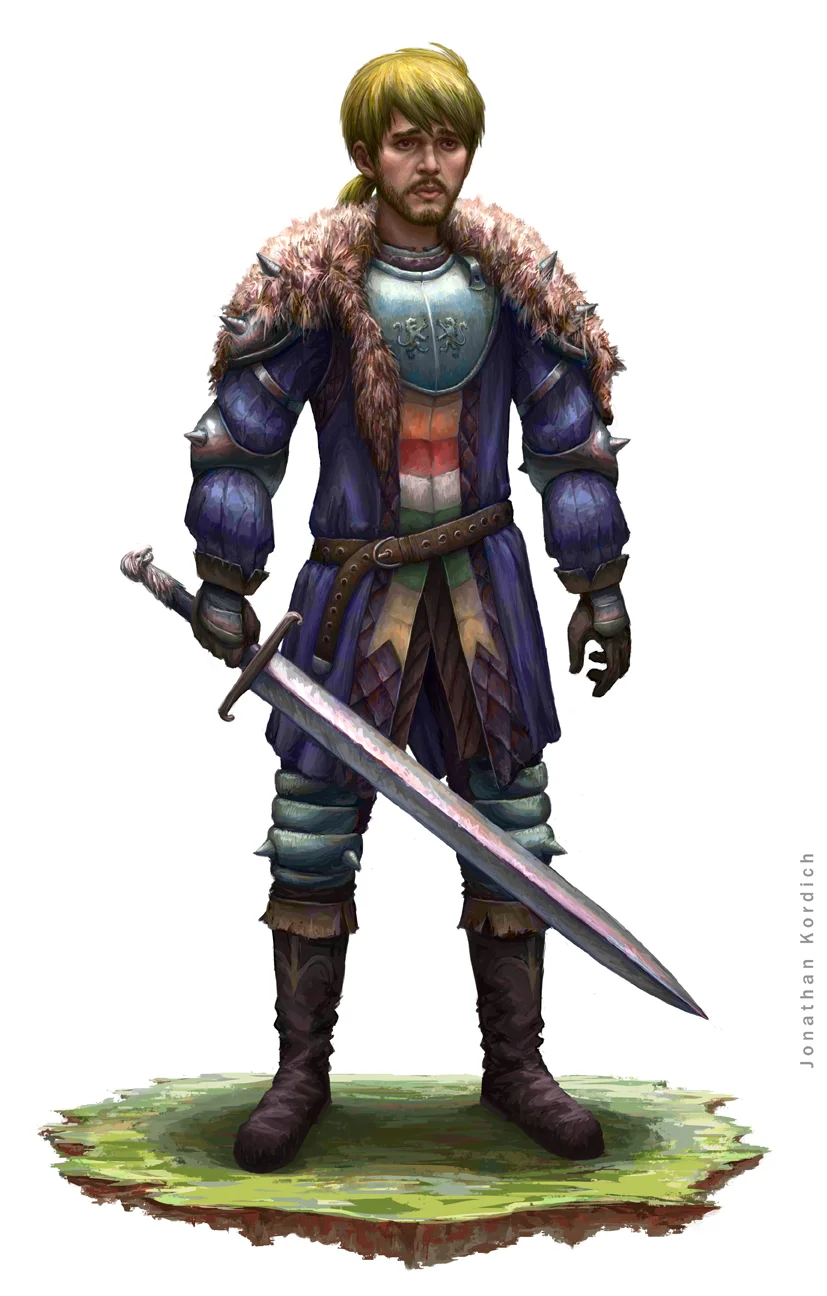 A loyal son stands in his family's colors and crest with his heirloom sword protecting any that oppose him.