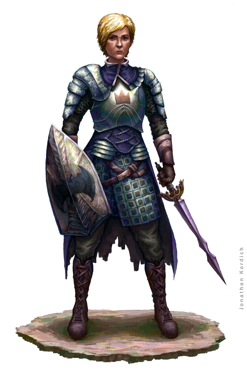 Tall woman with short blonde hair wields a sword and shield with her faction's sigil on it.