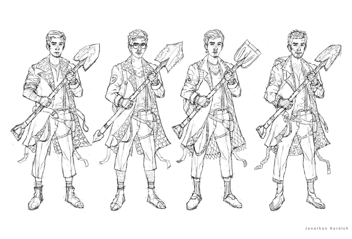 Design exploration of the gambling male. Different sizes of shovels and using the 4 different card suits as decoration.