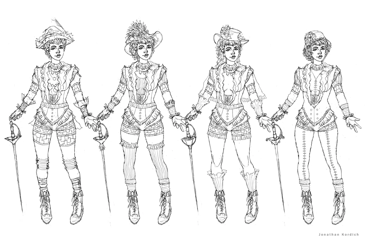 Design exploration for the Victorian fencer's outfit. Playing with different hats, socks, capes, and swords.