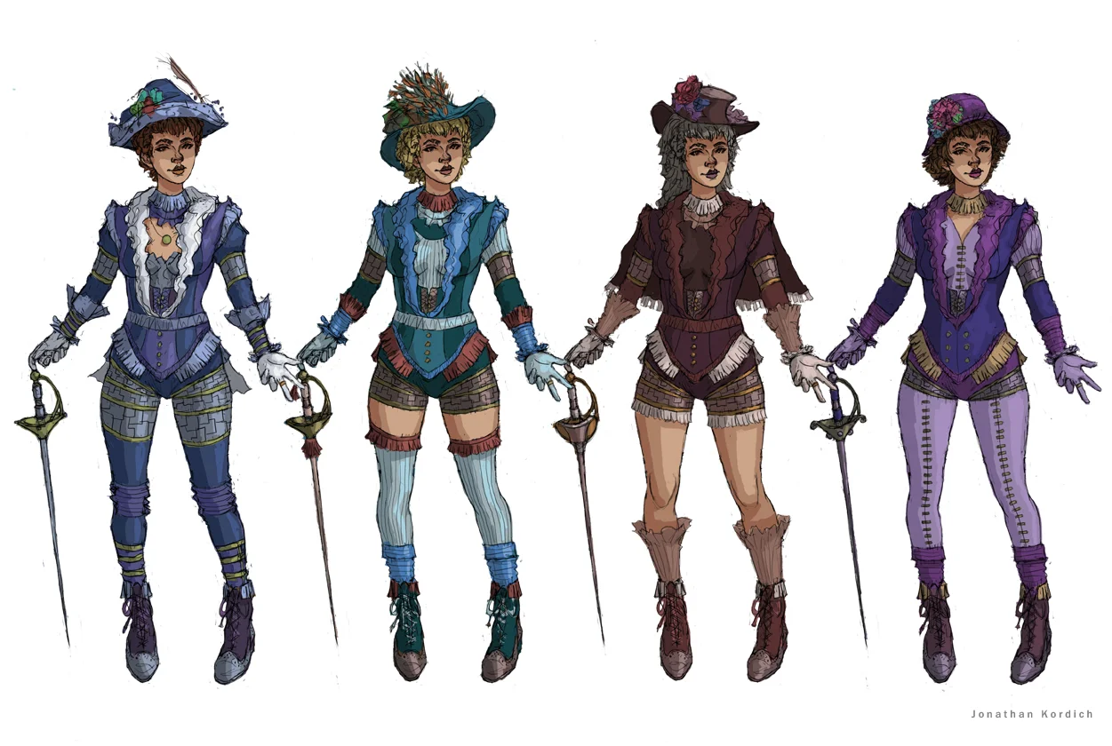 Color exploration of the Victorian fencer. Trying a more monochrome palette, followed by something more contrasty, something more rich, and finishing off with a sophisticated regal purple.