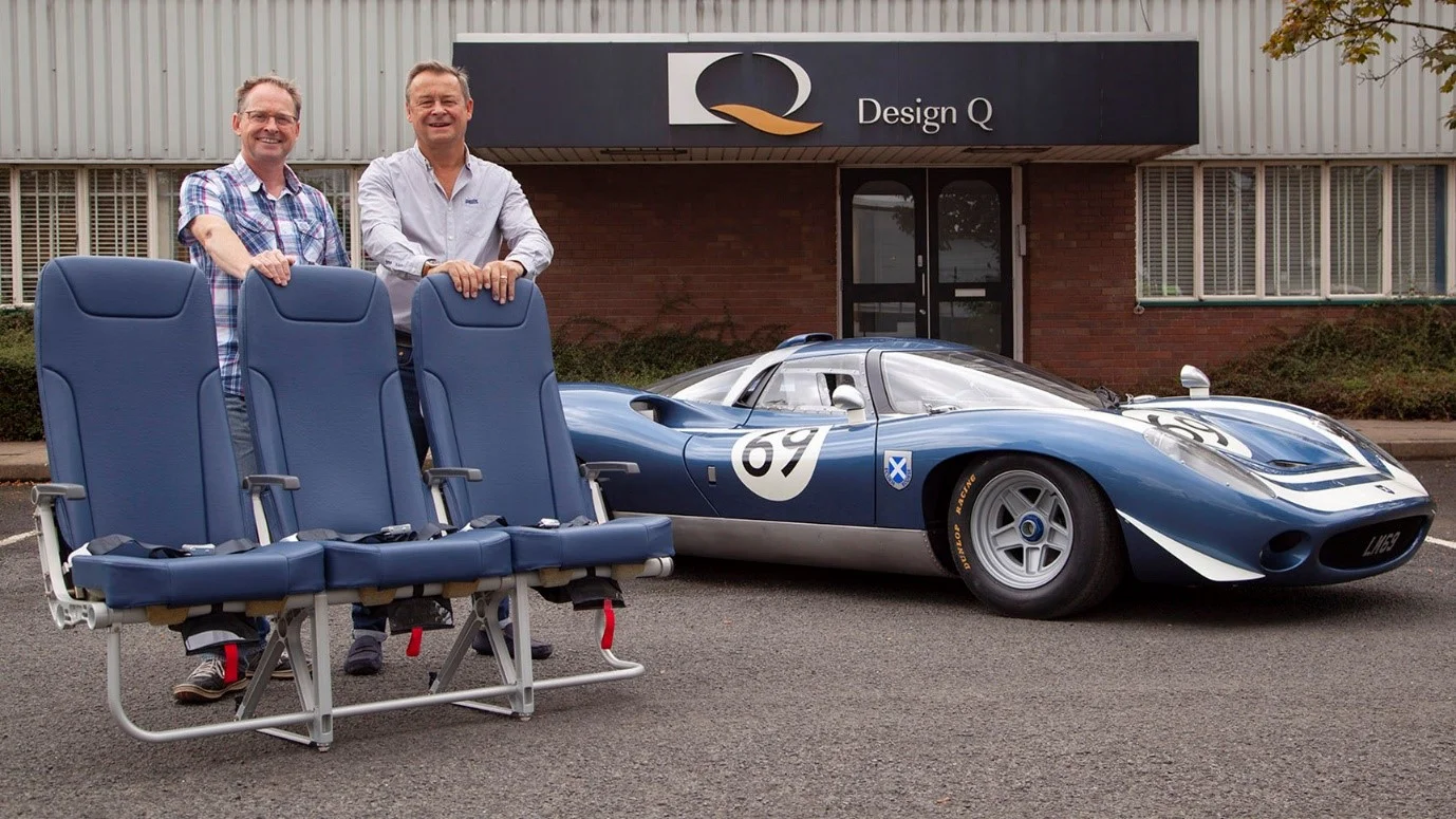 Gary Doy (Pitch CEO) and Howard Guy (Design Q CEO) with the Pitch PF3000 seat and the Ecurie Ecosse LM69. Their UK based design studio has a long history in Aviation and Automotive design.