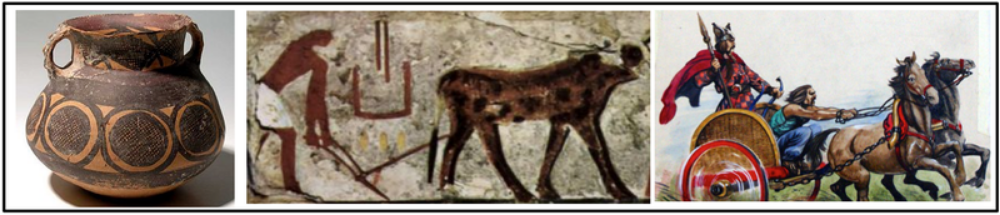 Technological innovations led to improvements in agricultural production, trade, and transportation. ( Pottery , Wheels, and wheeled vehicles )