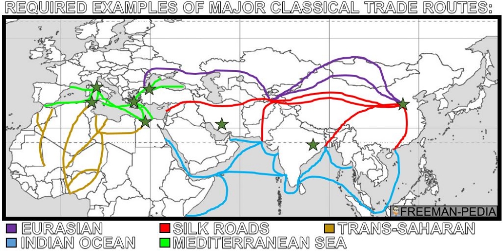 A. Many factors, including the climate and location of the routes, the typical trade goods, and the ethnicity of people involved, shaped the distinctive features of a variety of trade routes.