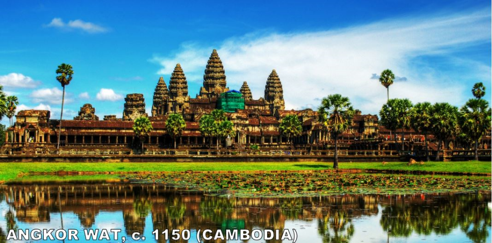 What's the largest religious monument in the world? You're looking at it. Angkor Wat ("Temple City")'s such a big deal, it's on Cambodia's flag ! It began as a Hindu temple to Vishnu, but later became a buddhist temple (which it remains to this day). 50% of every tourist who visits Cambodia, visits Angkor Wat. Two Indonesian airlines offer direct flights just to see this structure. 